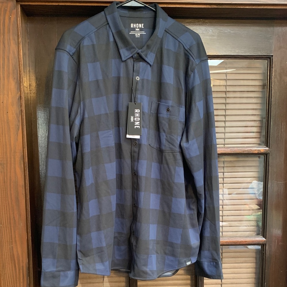 RHONE Men's Navy and Charcoal Checkered Shirt